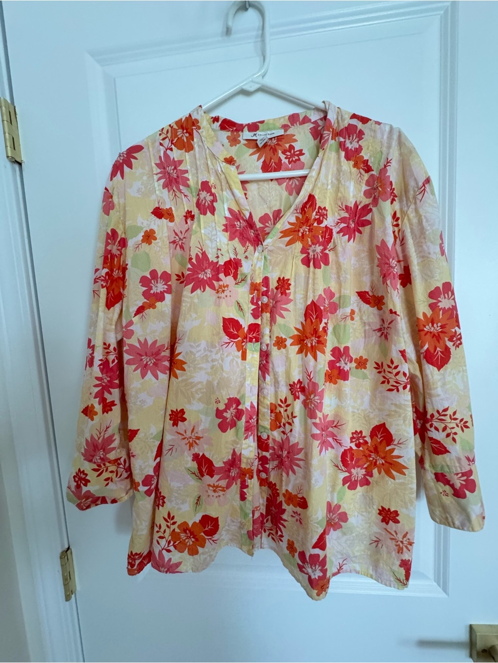 JM Collection Yellow Button-Front Floral Blouse with Pink and Orange Flowers